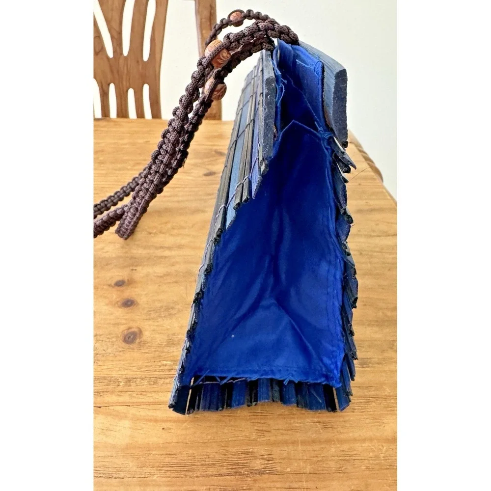 Handmade Indigo Woven Bamboo Tote Bag Boho Artisan Lined Wooden Beads